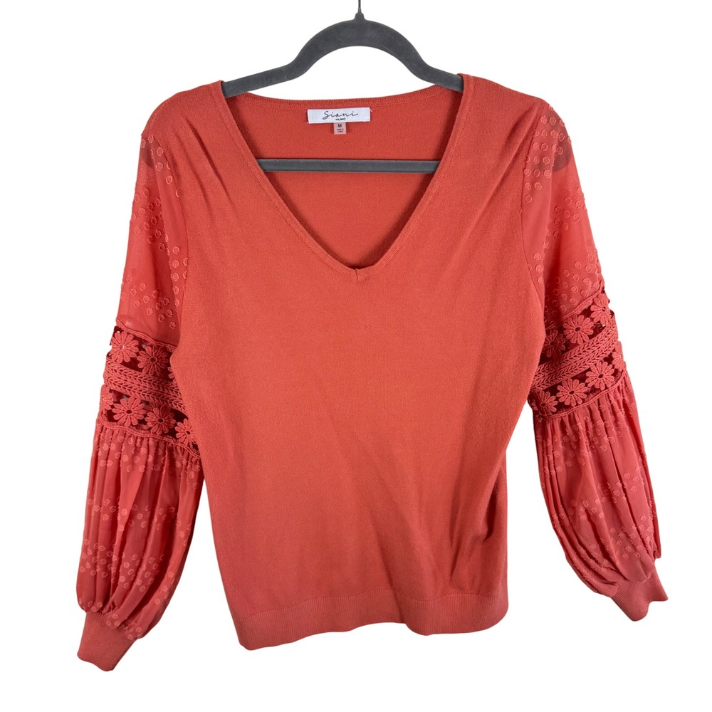 Sioni Milano Womens Coral Orange V-Neck Sweater Crochet Balloon Sleeve Size M